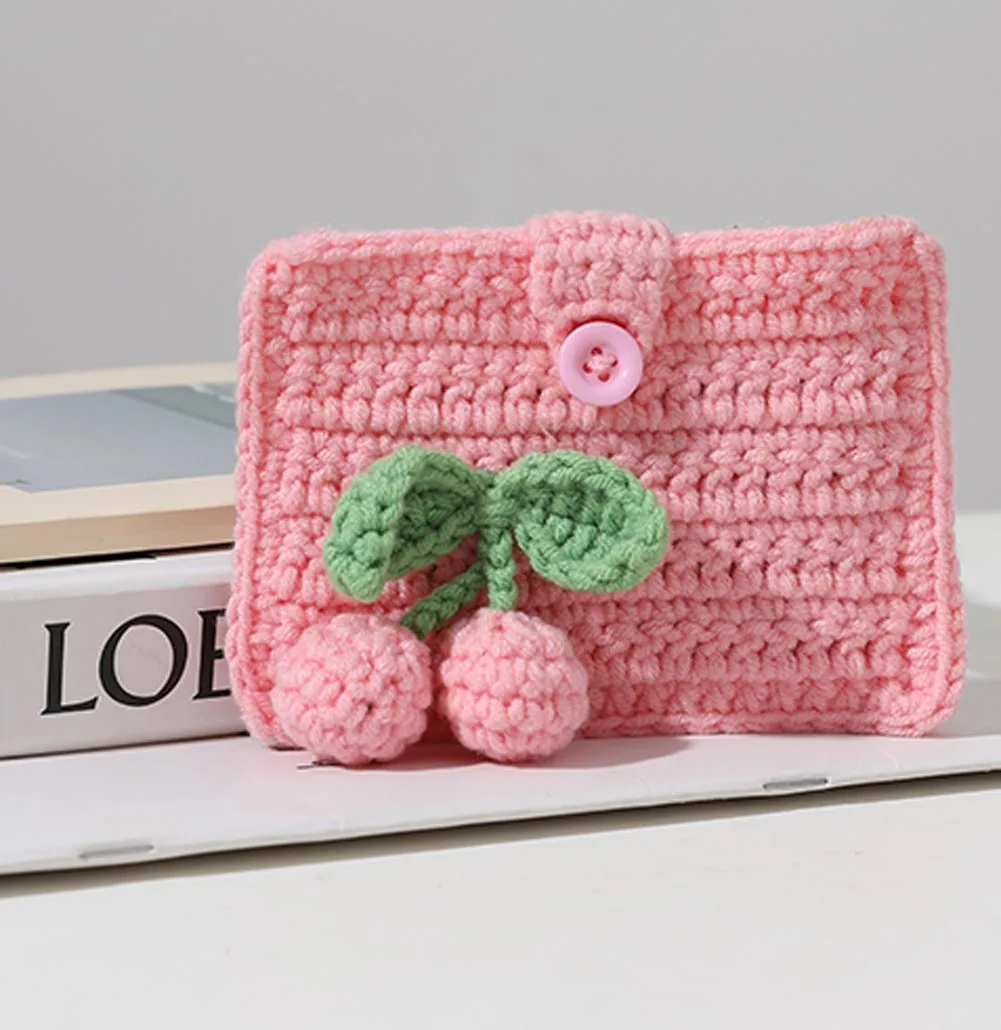 

BOMHCS Handmade Crochet Cherry Purse Wallet ID Credit Card Holder Button Closure