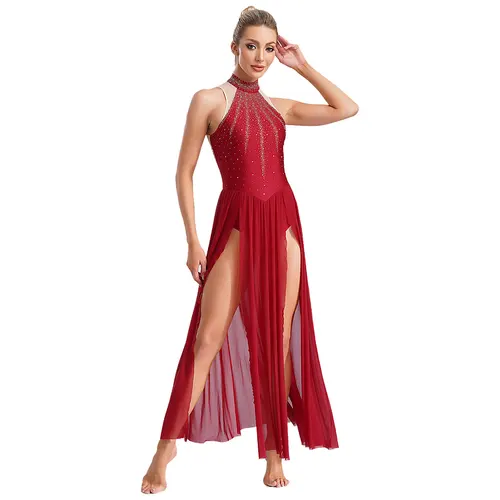 Imagen 2 del producto Vestido de baile lírico para mujer, Dimonds brillantes, leotardo de Ballet con cuello Halter, faldas largas divididas, traje de salón contemporáneo moderno