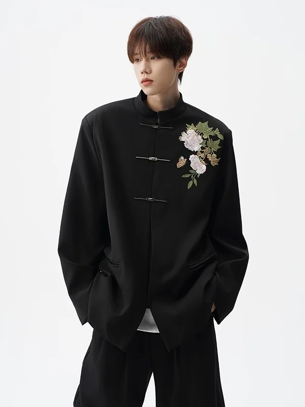 New Chinese Sle Embroidered Peony Patterned Stand Collar Suit Jaet for Men Wedding Casual Western Sle Upper Apparel