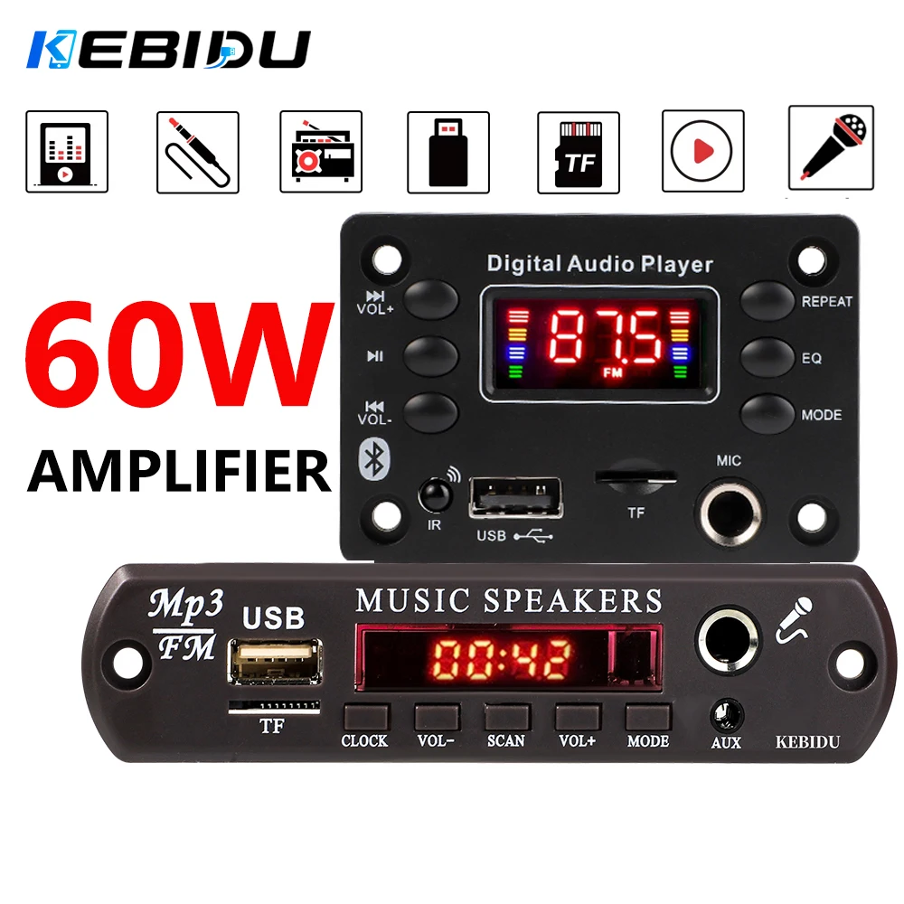 KEBIDU 60W Verstärker Kabelloser Auto-MP3-Player MP3-WAV-Decoder-Board Freisprech-Audio-Mikrofon USB TF FM-Radio Musikplayer für Lautsprecher