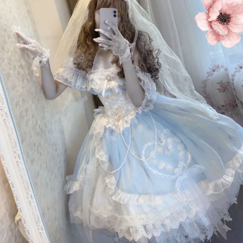 Sweet Lolita Princess Party Dress Vintage Victorian Women Elegant Mermaid Flower Wedding Dresses Girly Lace Pearls Mesh Vest^0*l