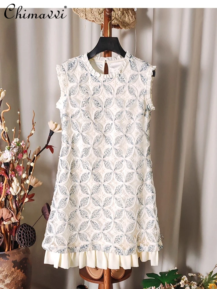 

French Elegant Heavy Industry 3D Floral Embroidery Sequin Ruffled Round Neck Sleeveless High Waist Slim Short Dress Women Summer