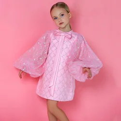 Customize Color Length Pink Sequin Lantern Long Sleeve Frocks A-Line Children's Clothes Flower Girl Birthday Party Dresses