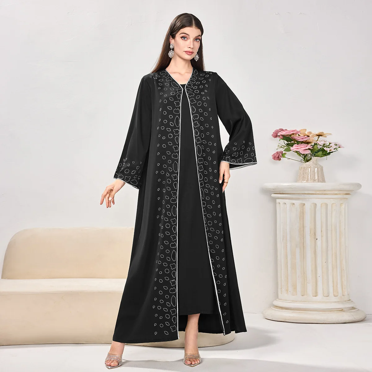 

Dubai Diamonds Front Abaya Open Kimono Inner Dress for Women Muslim Two Piece Set Turkey Kaftan Islam Clothing Musulmane Femme