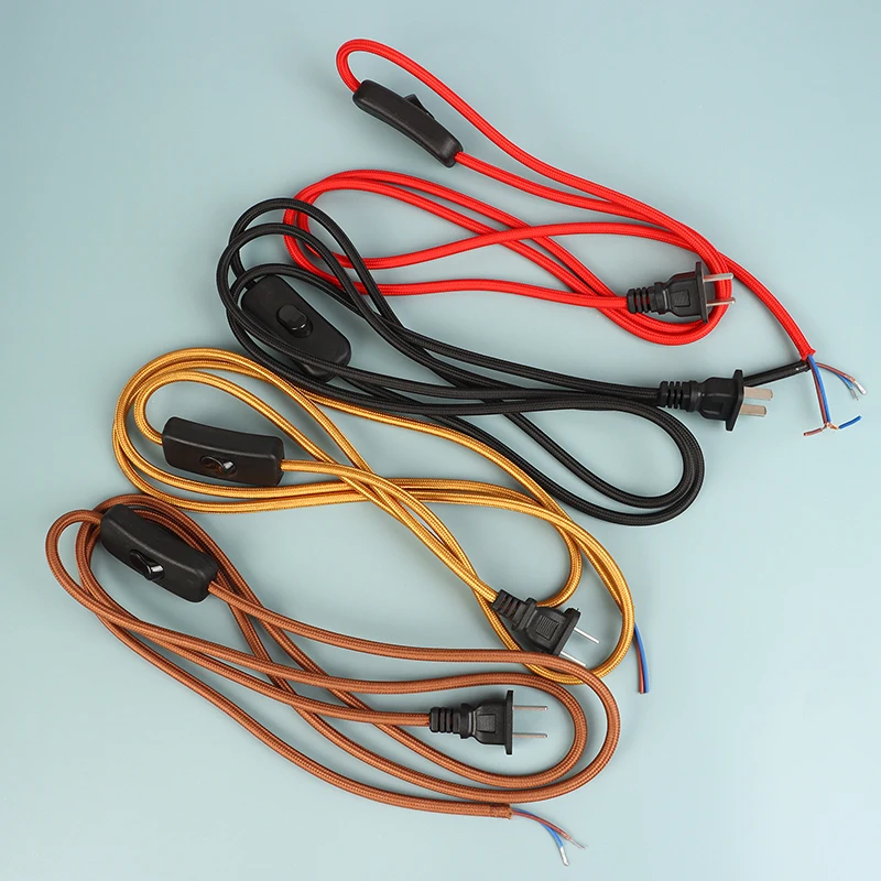 

220V AC Power Cords With Plug Switch Fabric Textile Covered Flex Cable Wire 1.8 Meters Extension Cord For Table Lamp