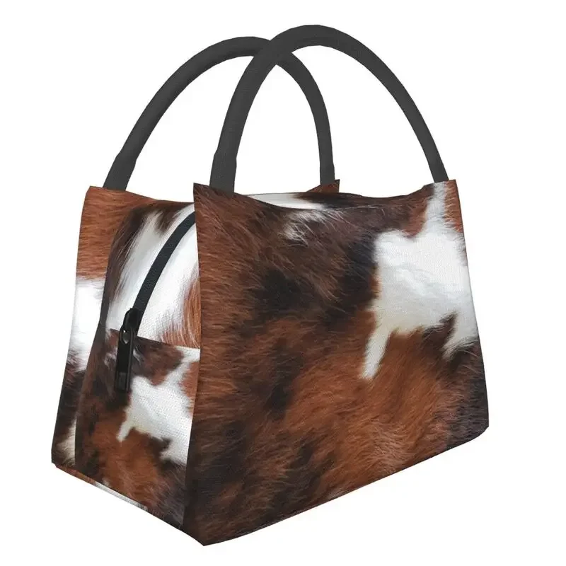 

Cowhide Leather 3D Printing Resuable Lunch Box Women Waterproof Animal Fur Texture Thermal Cooler Food Insulated Lunch Bag