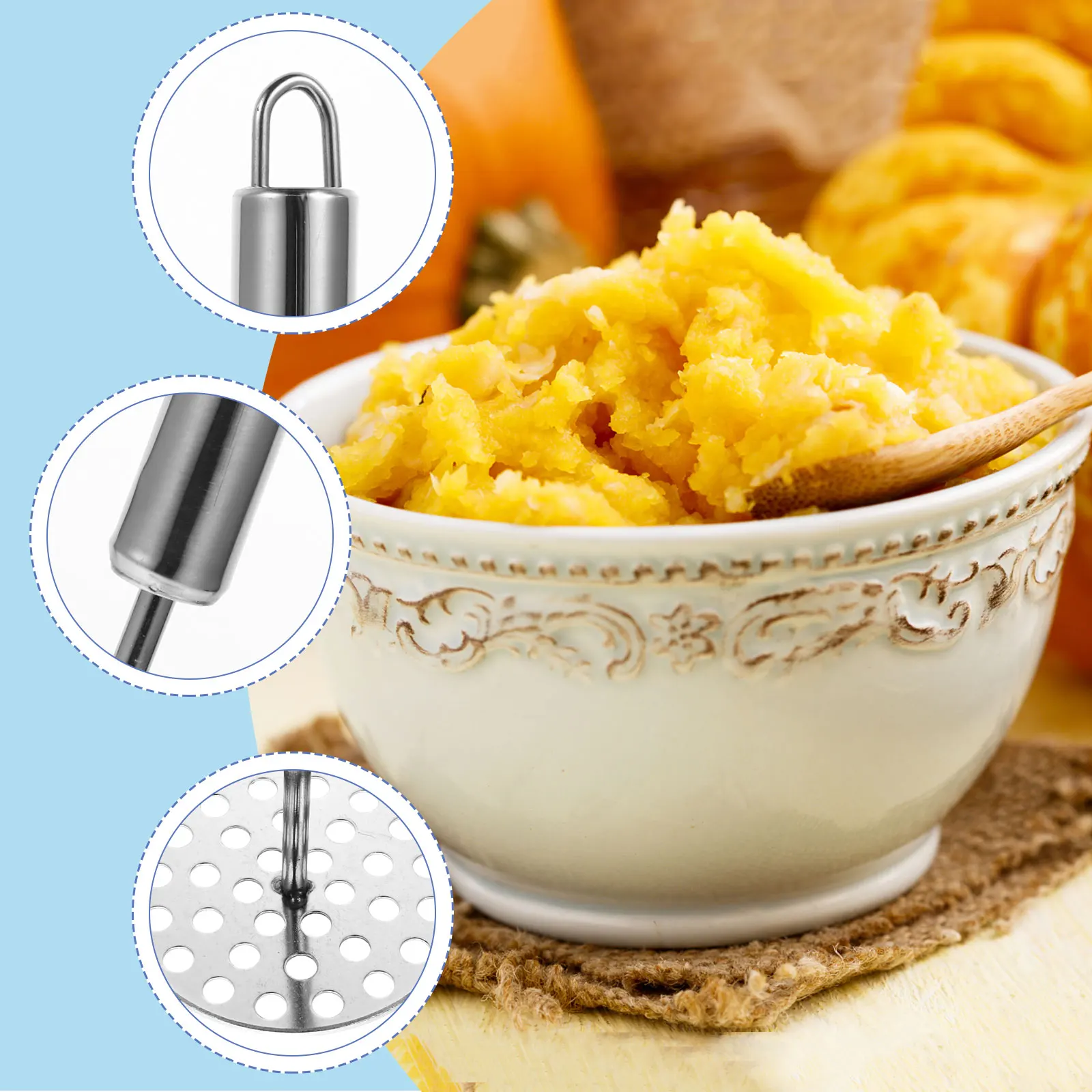 

2pcs Potato Masher Stainless Steel Manual Kitchen Tool Easy Press Mud Comfortable Handle Fine Mud Removal Easy Clean Curved