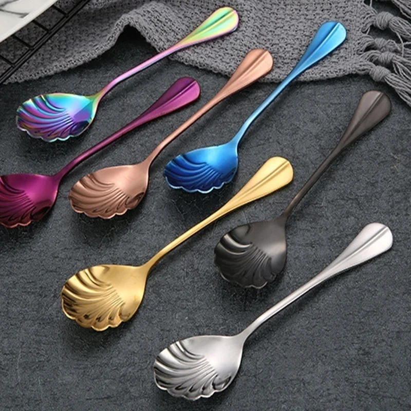 Shell Shape Stainless Steel Spoon with Long Handle Restaurant Dessert Spoon Ice Cream Scoops Kitchen Accessories  Tiny Spoon