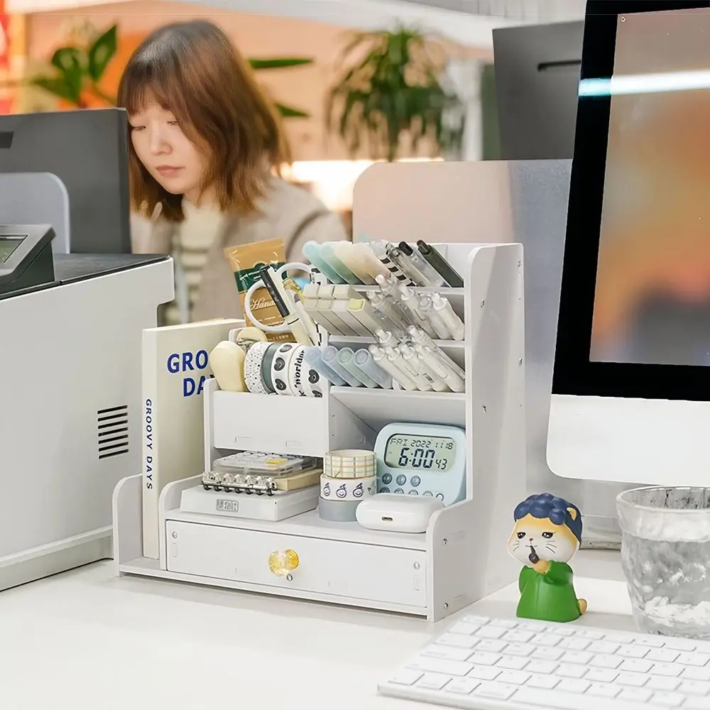 

With Drawer Desk Pencil Holder Large Capacity Multi-Function Desktop Organizer White Easy to install Multi Grid Slant Insert