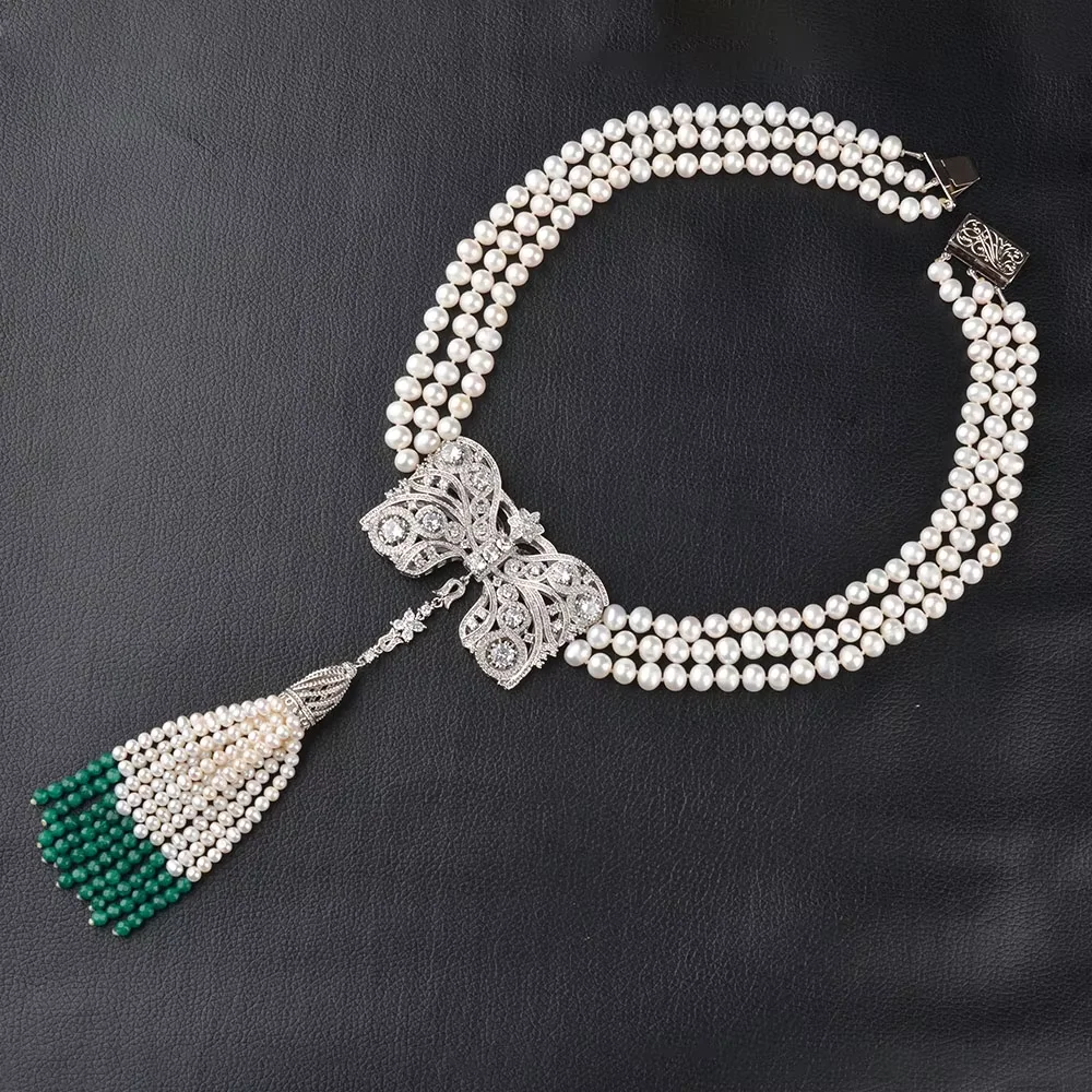 3 Strands Cultured White Pearl Necklace Silver Plated CZ Pave Connector Pearl Tassel Pendant For Women