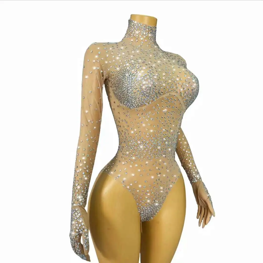 سباركلي حجر الراين مثير اليدوية ارتداءها حفلة عيد ميلاد Catsuit بار DJ ملهى ليلي أداء المرحلة الزي ارتداءها قفازات كاملة