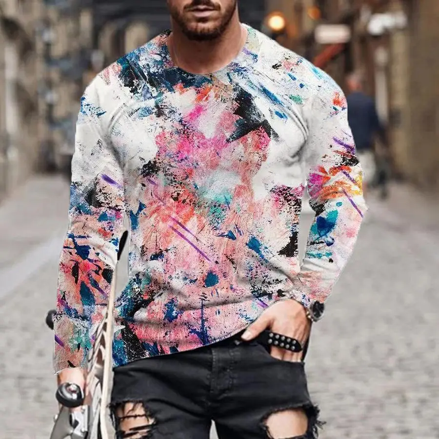 Men Abstract Marble Graffiti Plaid USA Flag Club Pattern Crew Neck Long Sleeve Casual T-shirt