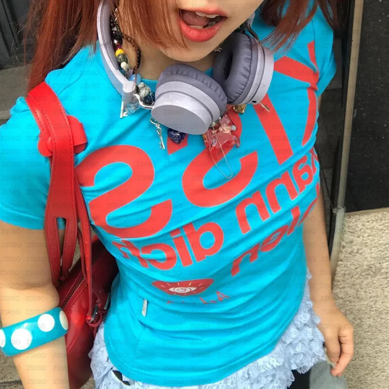 Women's Blue Dopamine Letter Printed Casual Versatile T-shirt Y2K Casual Street Short Sleeve 2026 New Style view 2