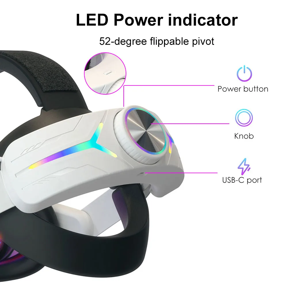 حزام رأس VR قابل للتعديل RGB بقدرة 8000 مللي أمبير في الساعة وحزام رأس بديل قابل لإعادة الشحن مريح يقلل من ضغط الوجه لسماعات ميتا كويست 3