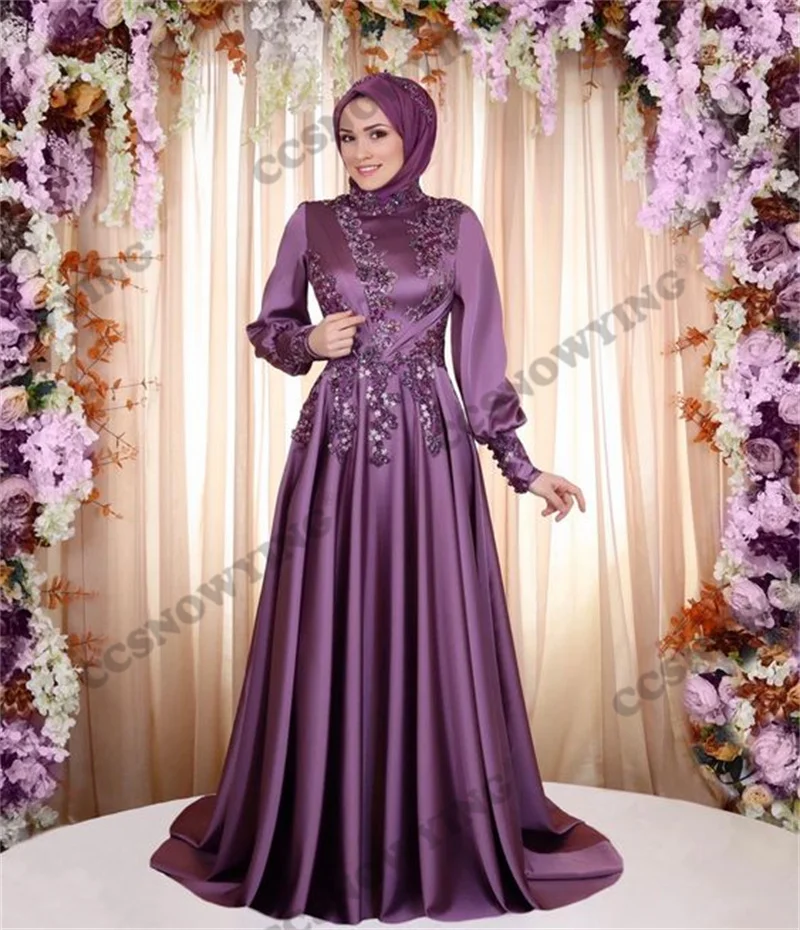 Purple Long Sleeve Hijab Muslim Evening Dresses Satin Appliques Islamic Formal Party Gown Women Arabic Kaftan Robe De Soiree