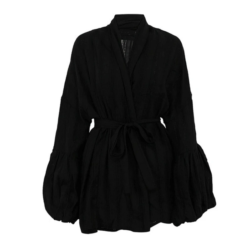 

2026 New Fashion Cotton Lace-up Loose Long-sleeved Cardigan Top Shorts Two-piece Set European American Style Women's Casual Set
