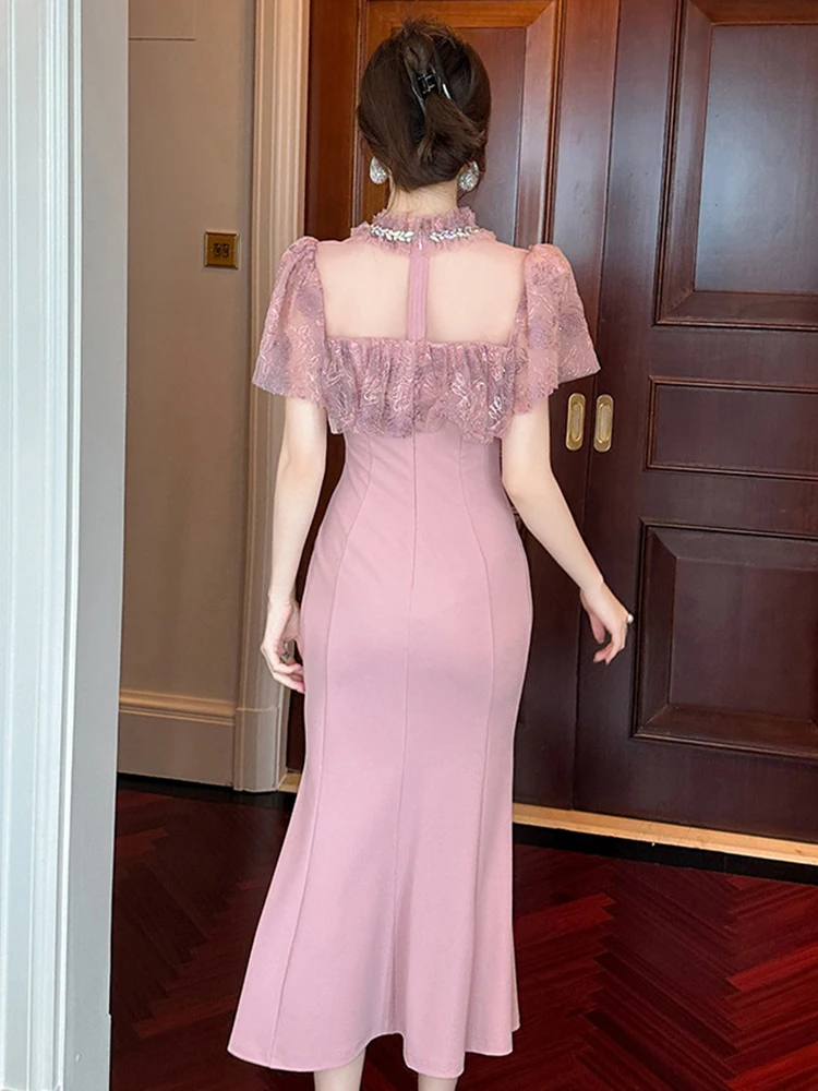 여자의 우아한 사교계 이브닝 드레스 여자 섹시한 다이아몬드 레이스 쉬어 메쉬 프릴 피쉬 테일 가운 레이디 데이트 파티 Fiesta Vestidos