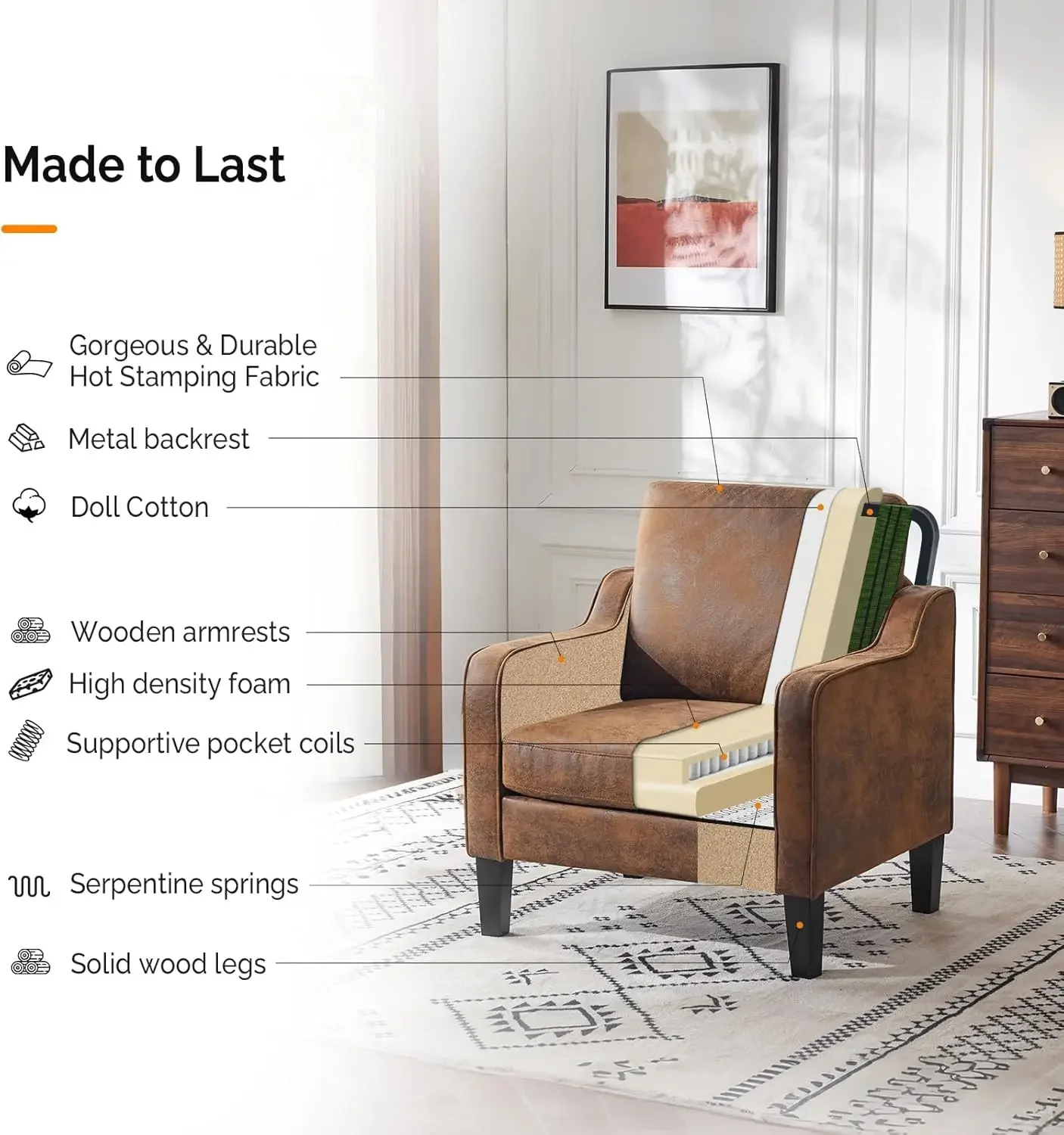 Cadeira de destaque para sala de estar cadeira de leitura rústica para quarto cadeira de braço colher meados do século moderno acento