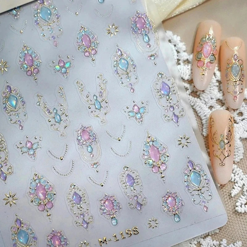 

Gold Stamped Tassel Pink Purple Blue Gem Floral Totem 3D Jelly Self Adhesive Nail Art Stickers Shiny Rhinestone Manicure Decals