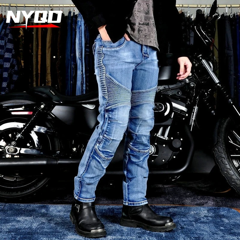 

Men Motorcycle Jeans Retro Casual Elastic Anti-fall Riding Pants Motorbike Protective Denim Trousers For Biker Daily Commute