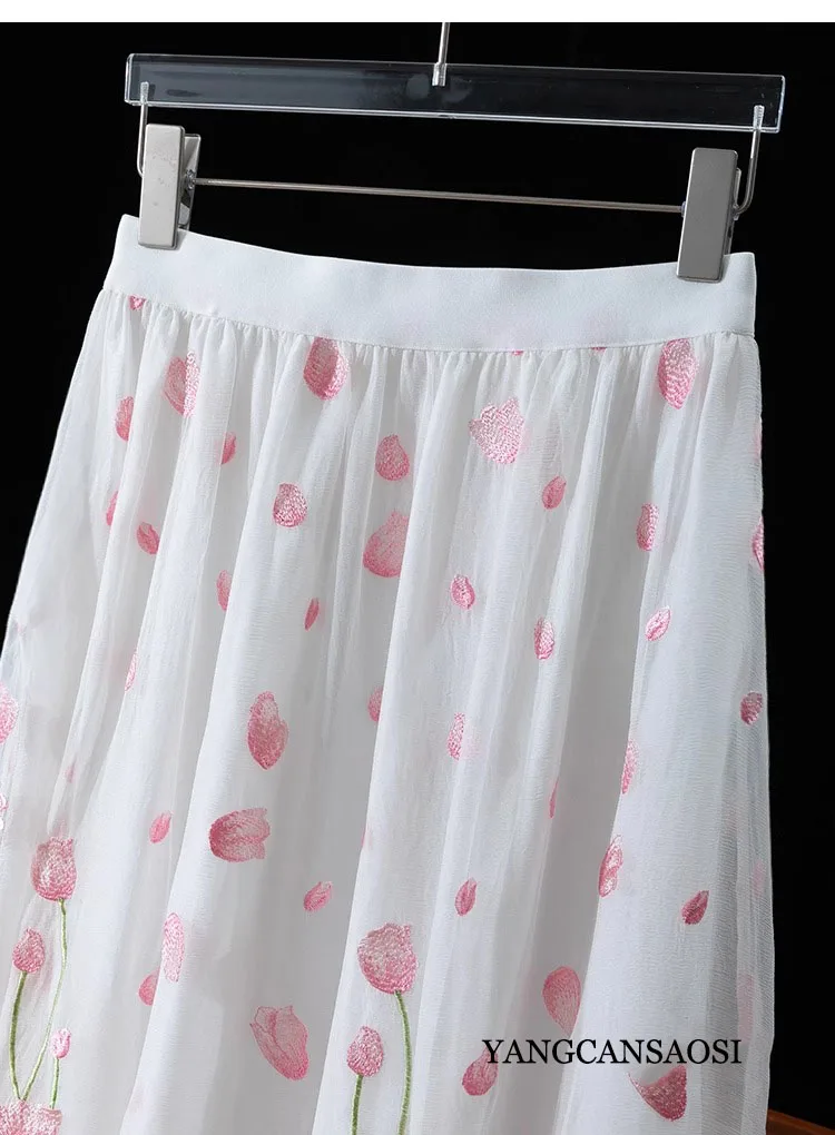 Beautiful Heavy Industry Embroidery 80% Natural Mulberry Silk Non Splicing Elastic Waist Large Swinging Elegant Skirt