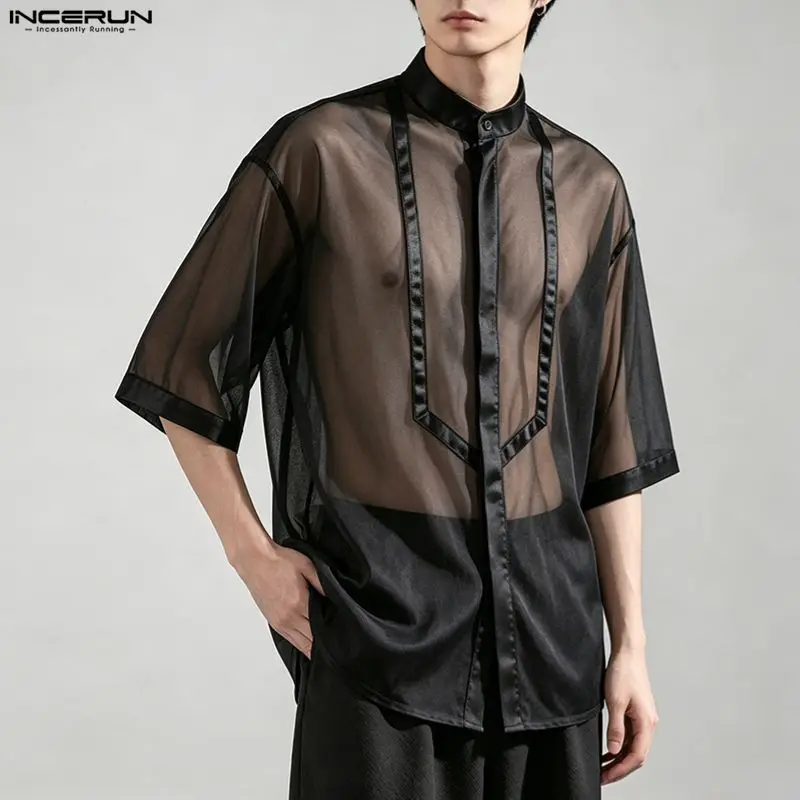 INCERUN Men's Shirts Mesh Patchwork See Through Stand Collar Short Sleeve Tops For Man Sexy Summer Loose Streetwear Men Clothes