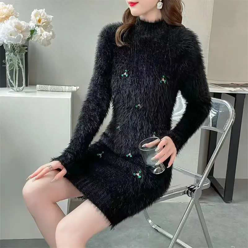 

Женский пуловер, свитер на открытом воздухе, новое осенне-зимнее корейское длинное трикотажное платье-рубашка средней длины из искусственного норкового флиса