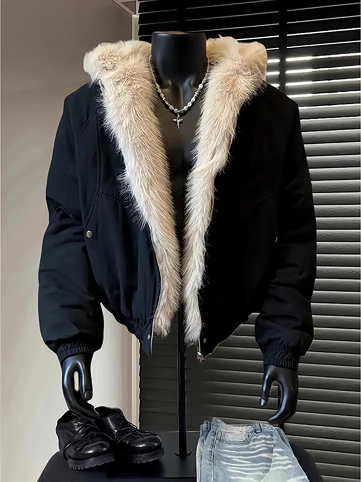 

American Sle ort Thiened Jaet Men's Winter Fce Lined Coat with Fur Collar Youth Faion Loose Fit Cotton Clothes