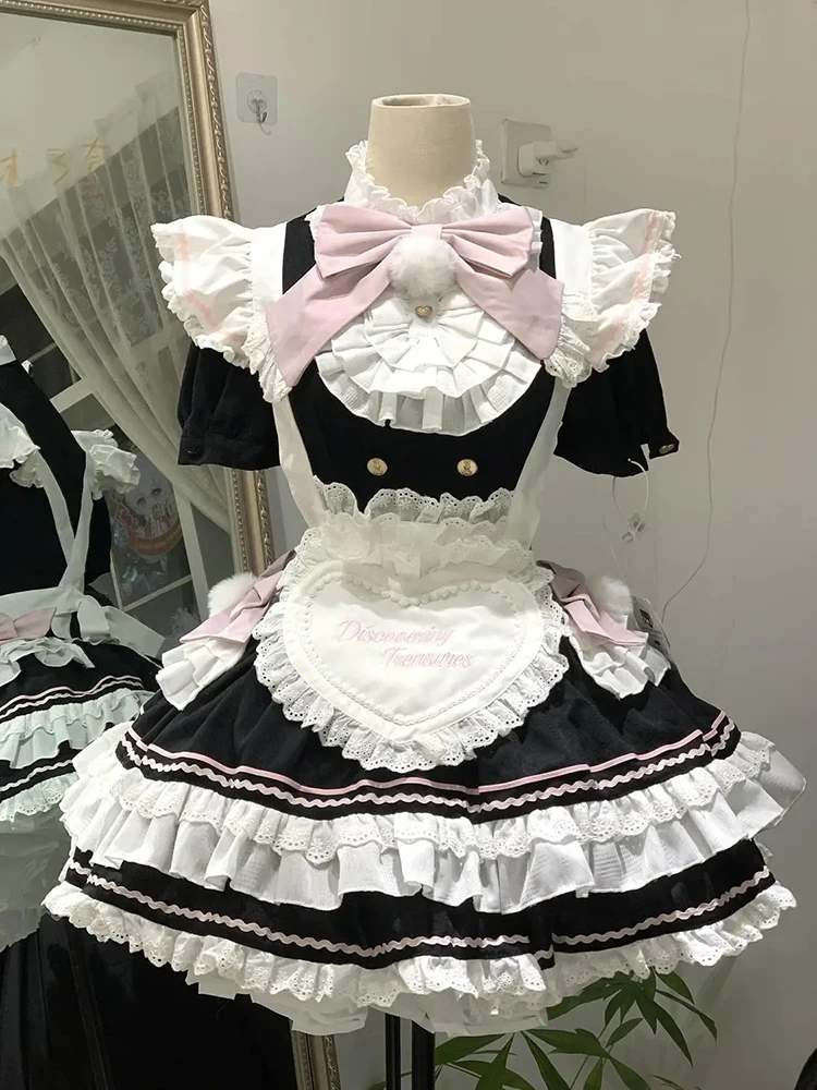 

Lolita Two Pieces Set Women Lace Patchwork Sweet Grunge Dress Kawaii Letter Embroidery Apron Jk Outfits Suit Y2K Aesthetic