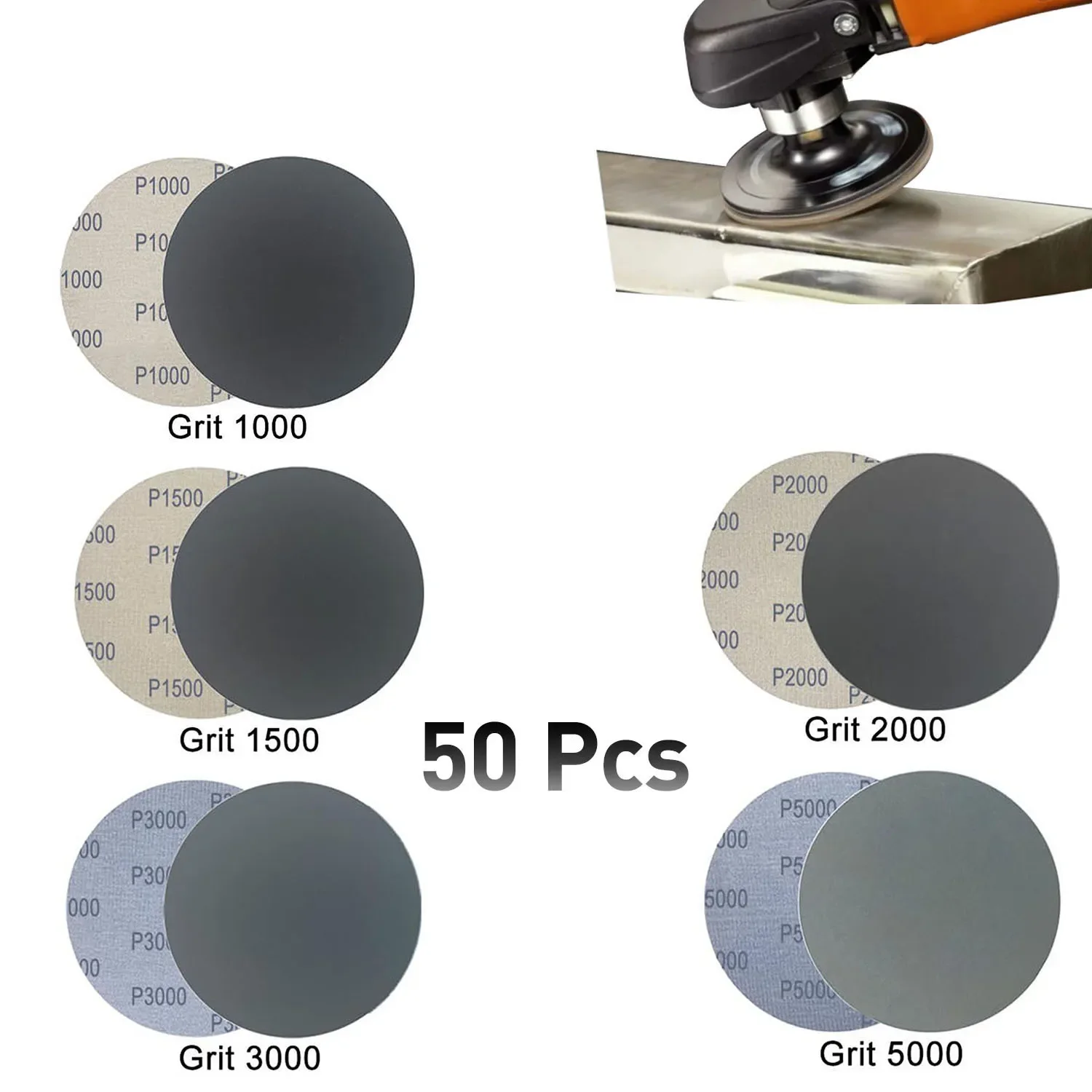 50 قطعة 6 بوصة أقراص الصنفرة الرطبة والجافة هوك وحلقة، 5 فريك مختلفة من ورق الصنفرة، مجموعة تلميع المعادن الخشبية للسيارات
