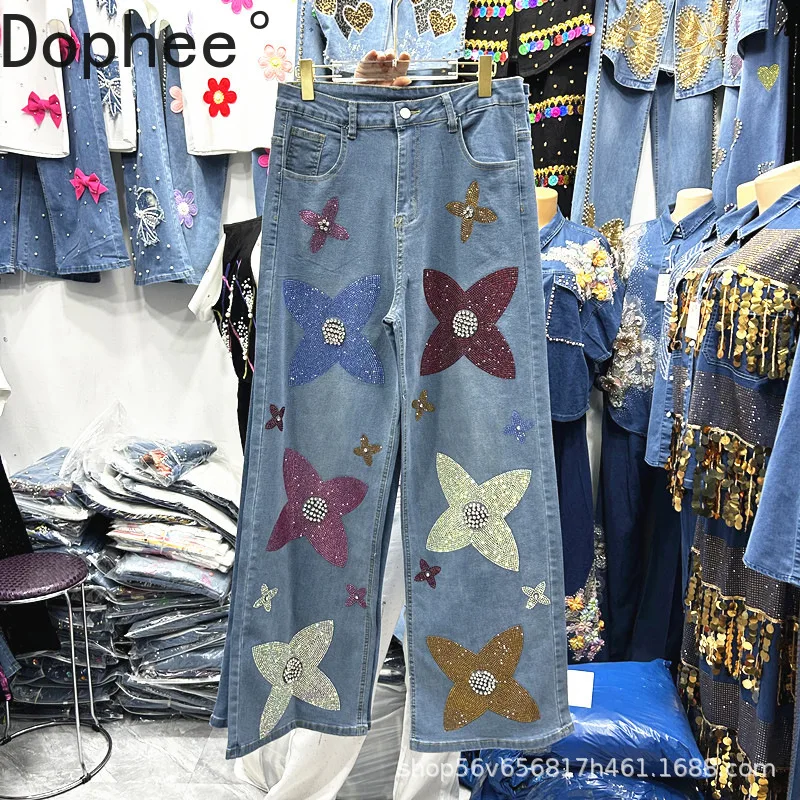 

Europe Fashion Diamonds Hot Drilling Blue Jeans Women New Autumn All-match High Waist Wide Leg Pants Streetwear Denim Trousers