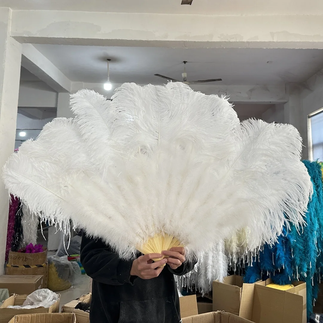 Large Real Ostrich Feather Fans 13 Bones Fluffy Pluma Folding Fan for Stage Opera Holding Props Decorative Accessories