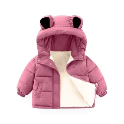 1-8 Years Old Autumn Girls Jacket Winter Keep Warm Solid Color Bear Ear Lamb Wool Lining Thick Hooded Cotton Coats For Girls