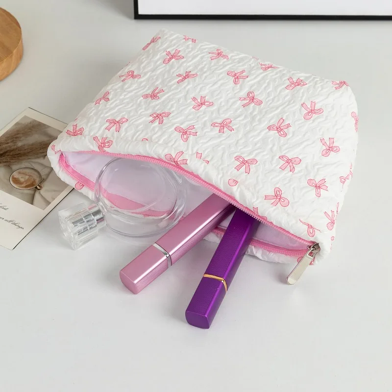 Bolsa de Maquiagem de Grande Capacidade para Mulheres, Necessaire de Viagem com Laço, Estojo Portátil Fofo, Organizador de Cosméticos para Bolsa