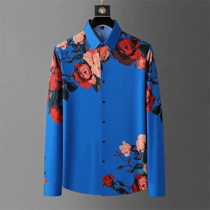 Men's Simple Retro Rose Flower Printed Long-sleeved Shirt for Spring and Autumn Outing Parties High-quality Printed Lapel Shirt