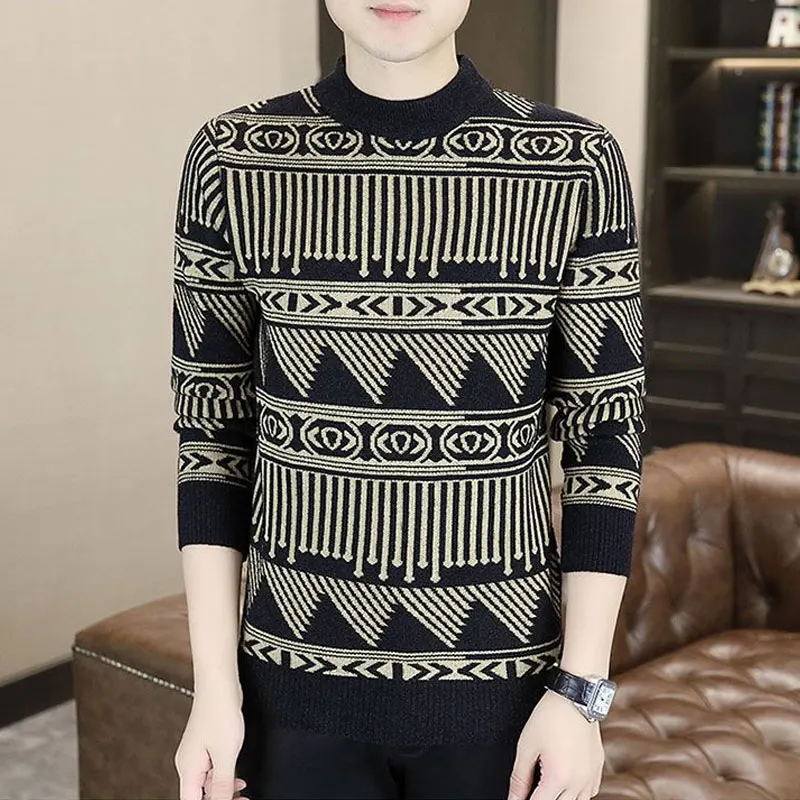 Vintage Jacquard Weave Pullovers Knitted Folk Men's Clothing Casual Half High Collar Autumn Winter Basic Long Sleeve Sweaters