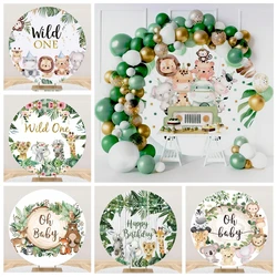 Safari Jungle Animals Oh Baby Round Backdrop Zoo Animals Tropical Leaves Baby Shower Birthday Customize Circle Photo Background