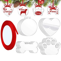 24PCS Christmas Acrylic Ornaments Blank Dog Paw Bone Ornaments Round Heart Blank with Ribbon for Christmas Tree DIY Draft