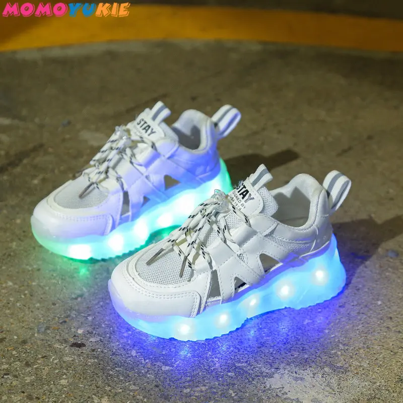 Mesh Breathable Casual Shoes Anti-slip Sole Luminous Sneakers for Girls Boys Kids Led Sneakers USB Charging Children LED Shoes