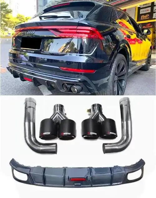 

For Audi Q8 SQ8 2018-2023 Real Carbon Fiber Rear Bumper Trunk Diffuser Lip Spoiler Cover With Exhaust Tips KBE BodyKit