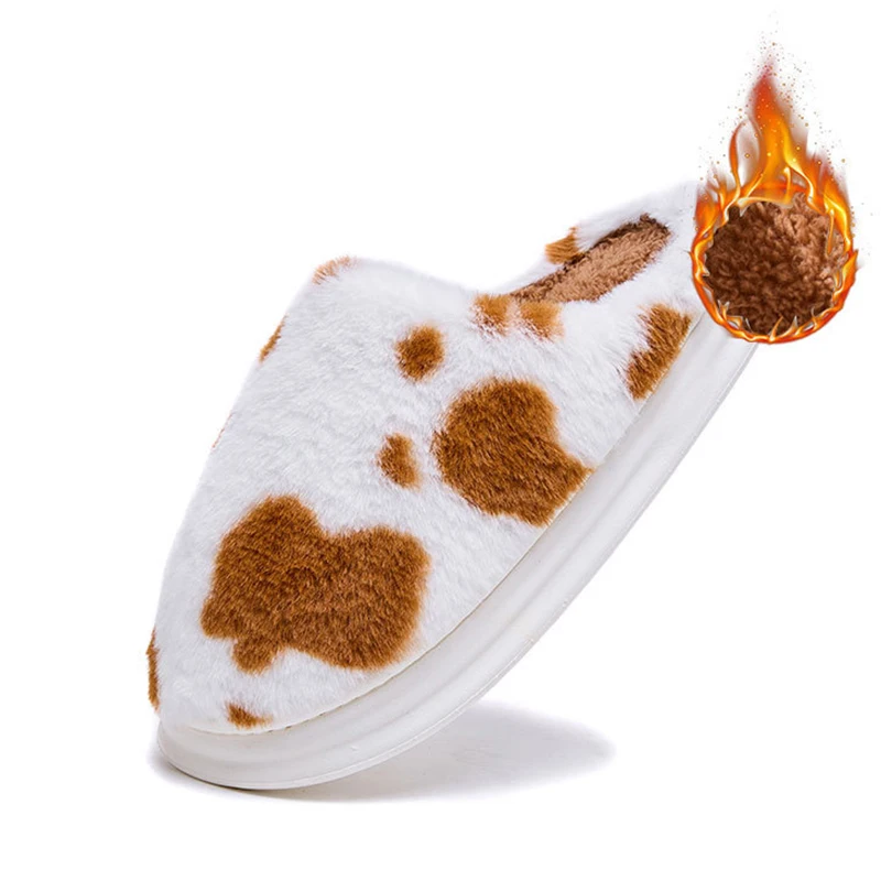 Nette Kuh Flecken Baumwolle Hausschuhe für Frauen Runde Kappe Dicke Sohle Plüsch Hausschuhe Frau Weiche Faux Pelz Warme Schuhe Slides Weibliche Winter – Detail 9