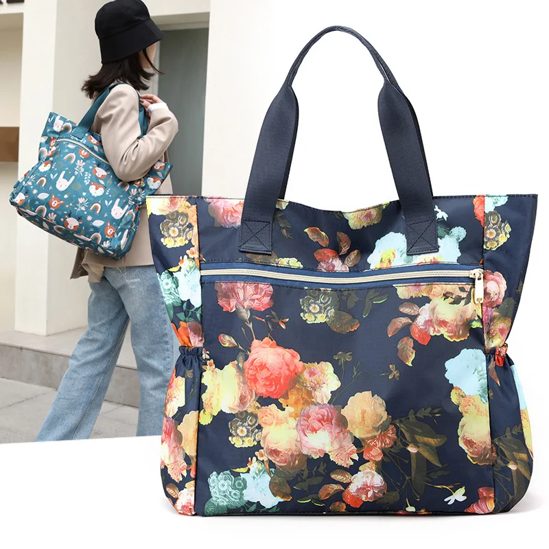 Bolsas impermeáveis com zíper de nylon para mulheres, sacola de grande capacidade, nova compradora, moda simples, estampada