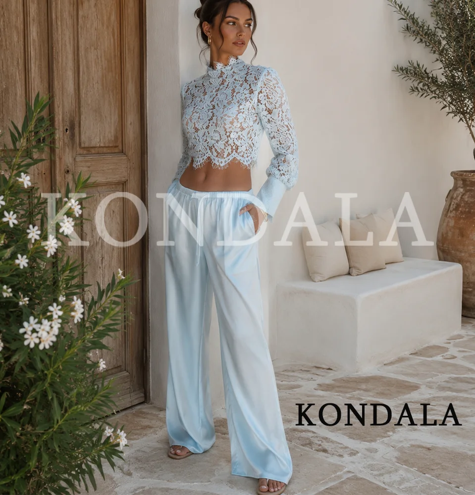 KONDALA Women Elegant Chic Pants Set Blue Lace See-through Short Tops, Drawstring Wide Leg Pants 2026 Summer Trendy Holiday Set