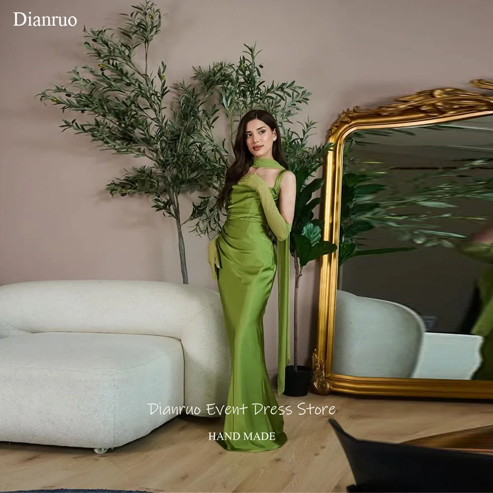 

Dianruo Green Slinky Spaghetti Strap Evening Dresses Satin Mermaid Special Occasion Gowns Ruched Celebrity Dresses Customized