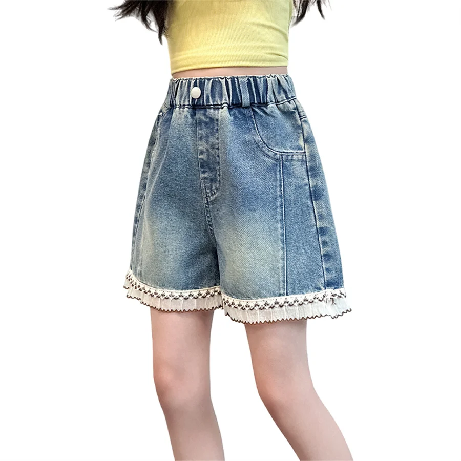 Elegant Children New Summer Mini Denim Shorts with Lace Bottom for Tween Girls Fancy Street Shorts Kids Fashion Mini Jeans 5-14Y