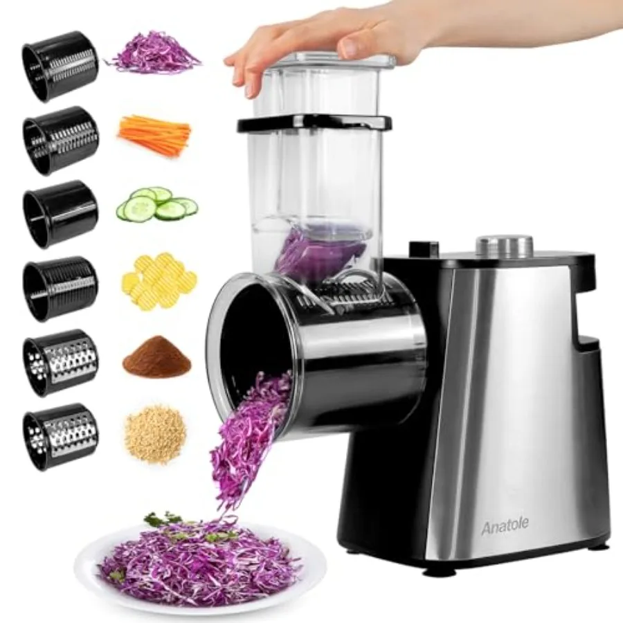 

Electric Cheese Grater Stainless Steel Vegetable Shredder 6 Blades 250W Large Inlet Outlet BPA-Free 110V