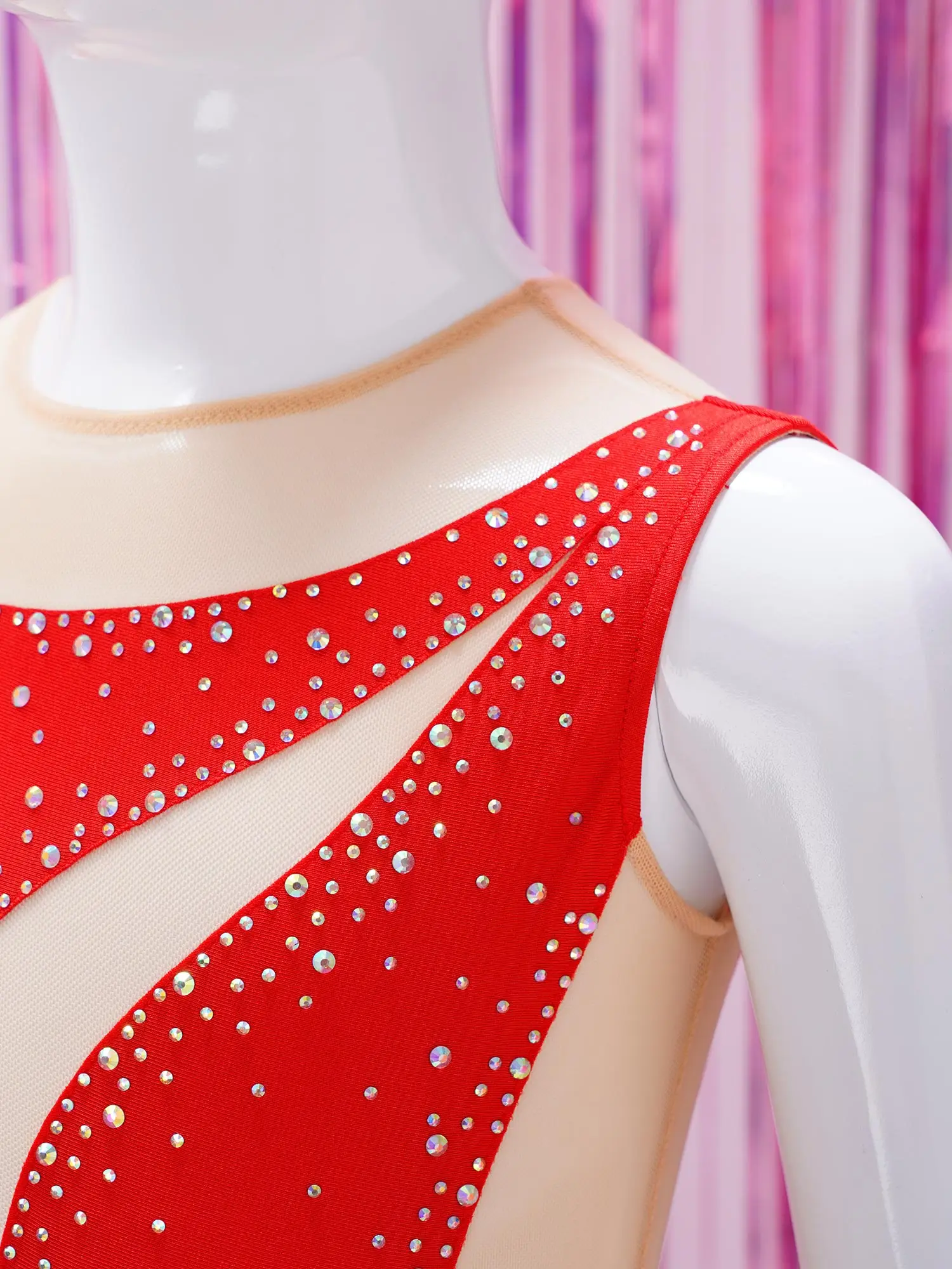 Leotardo de gimnasia para niñas, camiseta sin mangas de Ballet, mono de entrenamiento de malla sin mangas con diamantes, ropa de actuación de patinaje artístico