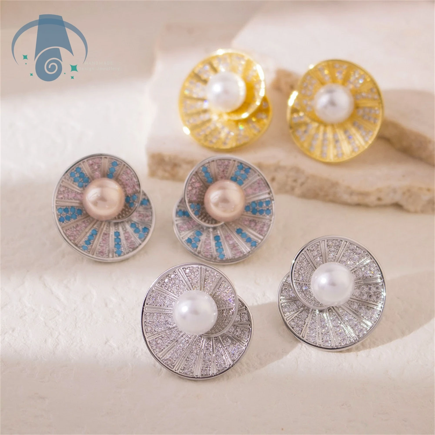 Zircon Crystal Stud Earrings Vintage Rotating Thread Design with Pearl Elegant Dangle Earrings for Women Fashion Party Jewelry