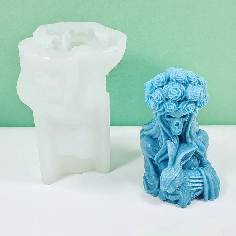 3D Witch Portrait Candle Silicone Mold DIY Halloween Skull Woman Holding Rabbit Candle Plaster Resin Making Mould Holiday Decor