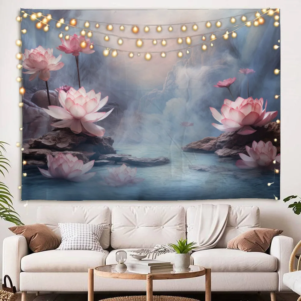 Dreamy Lotus Tapestry Flower Rainforest Lake Design Aesthetics Healing Bedroom Living Room Decoration Wall Hanging Cloth